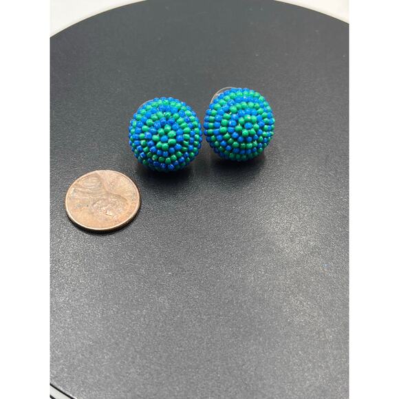 J. Crew Blue Green Seed Beaded Small Round Button Stud Earrings - Picture 7 of 8